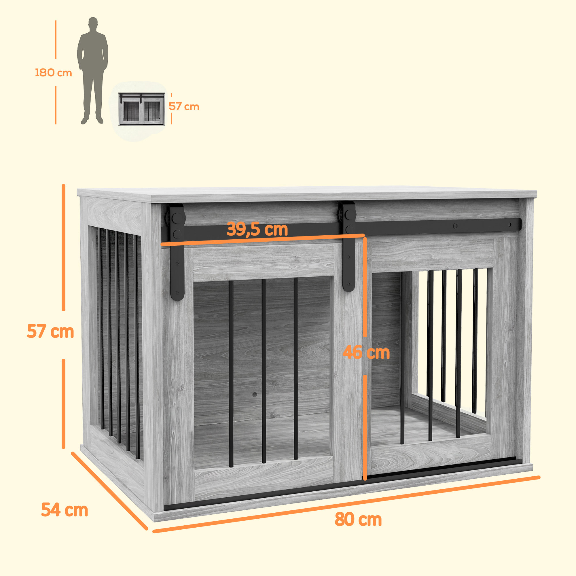 Cage pour chien animaux style industriel - porte coulissante verrouillable - acier noir aspect bois gris