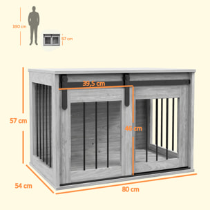Cage pour chien animaux style industriel - porte coulissante verrouillable - acier noir aspect bois gris