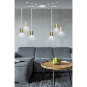 Lampada a sospensione TRAKER con diffusori oro e struttura bianca