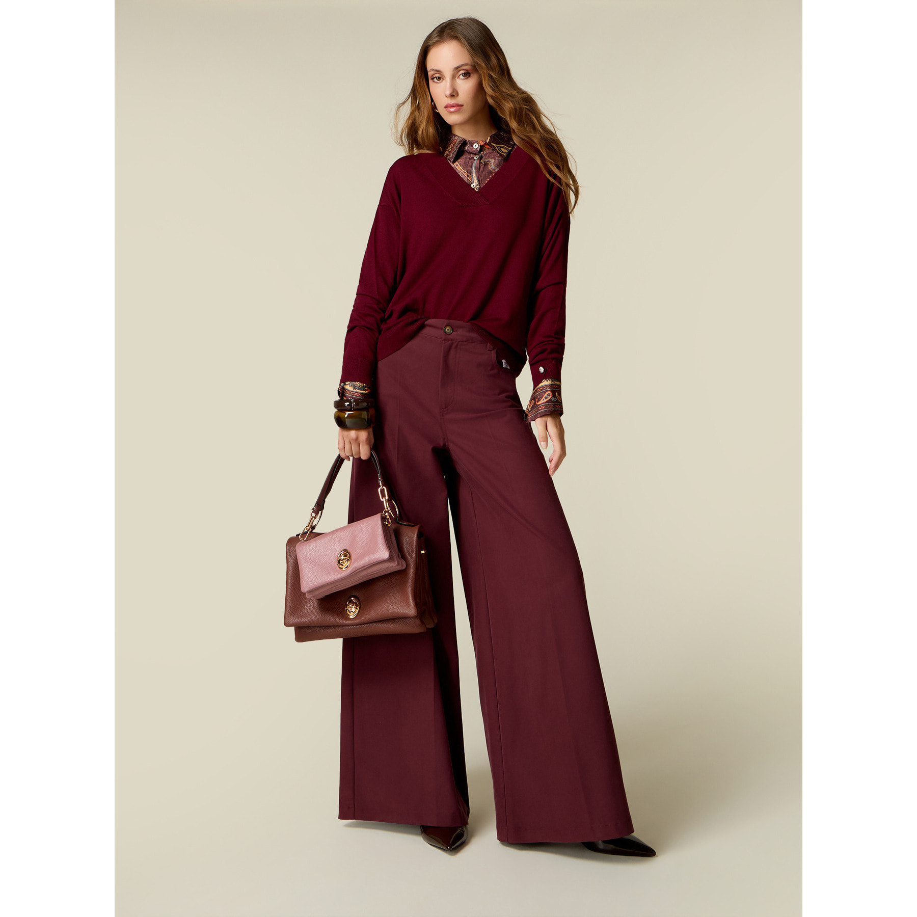 Oltre - Pantaloni wide leg in twill - Bordeaux
