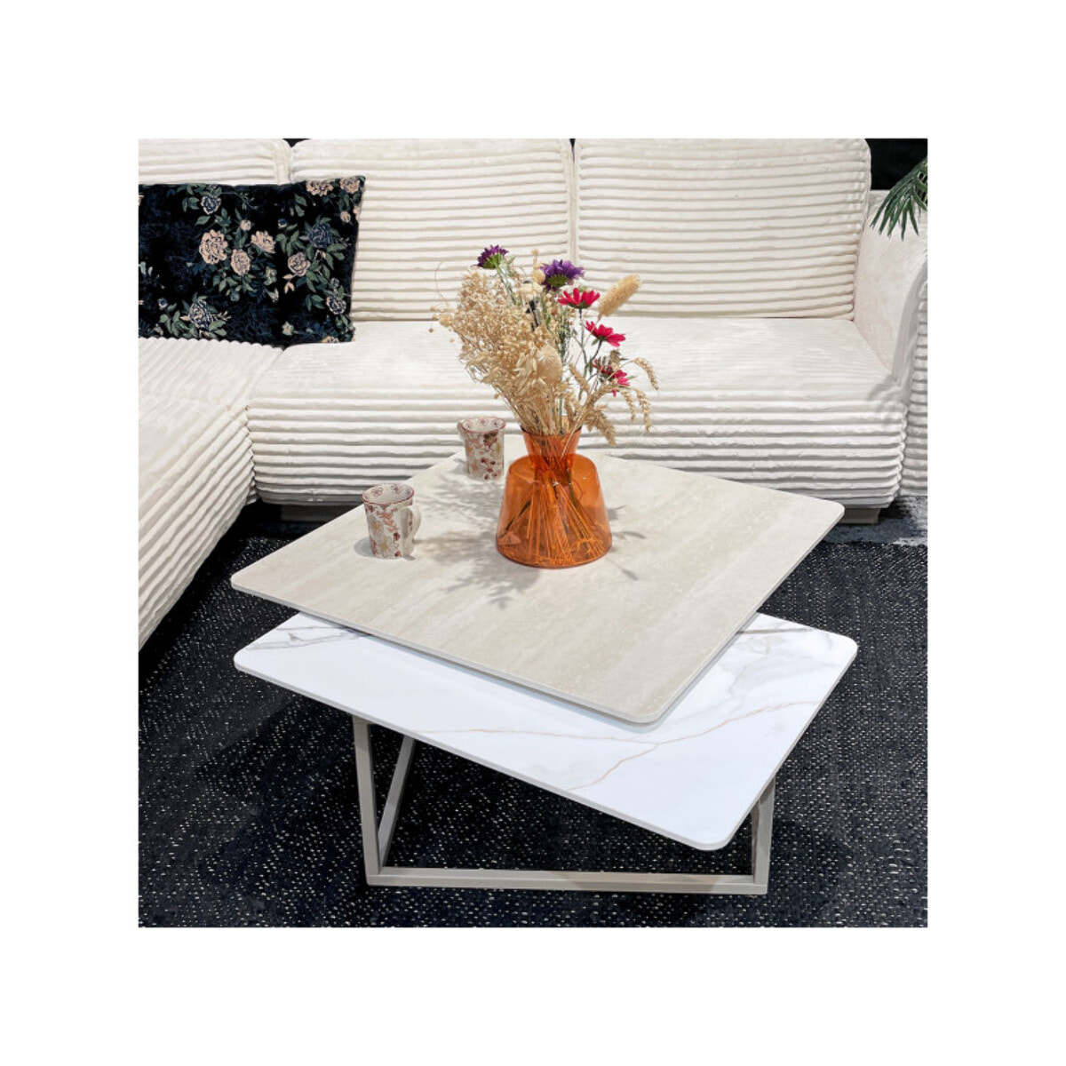 Table basse rotative 2 plateaux céramique pied métal beige – MATERA