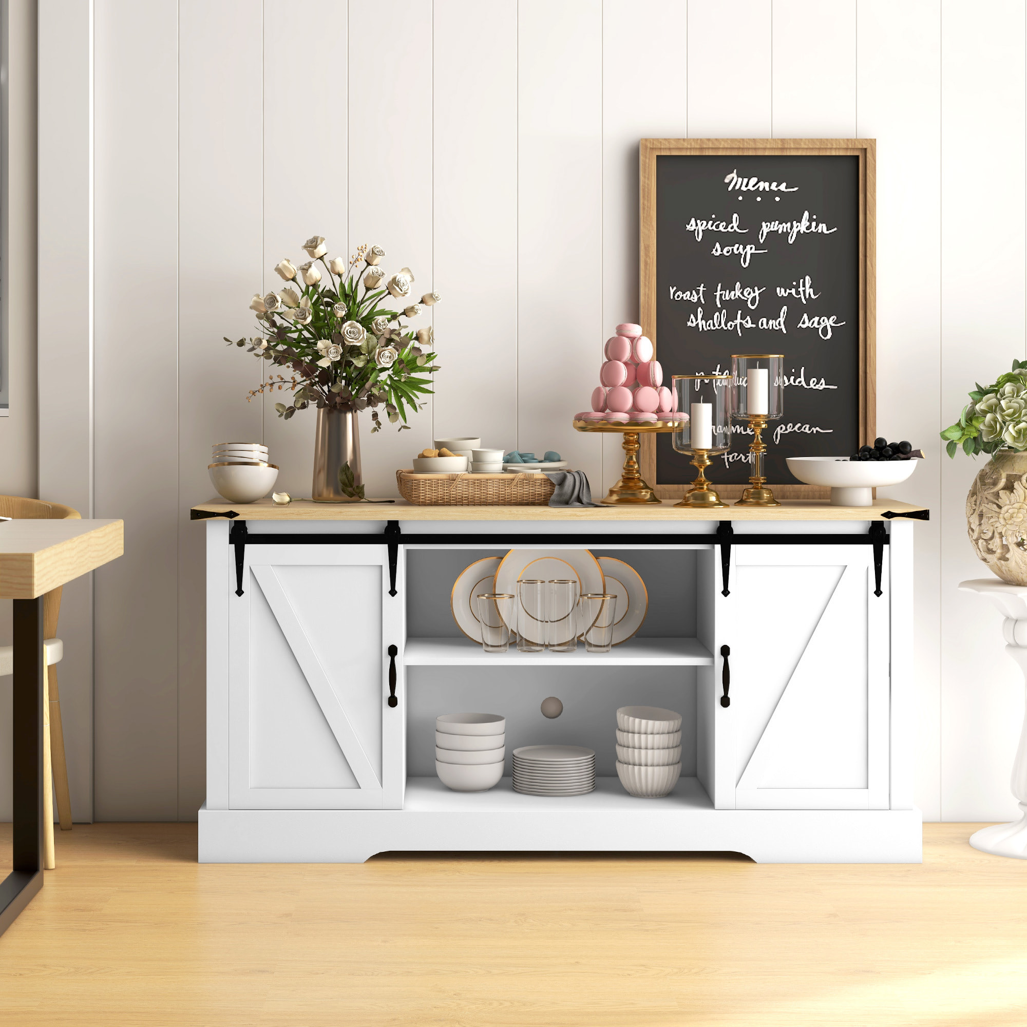 Buffet design 2 portes coulissantes 3 étagères - dim. 150L x 40l x 72H cm - blanc aspect bois clair