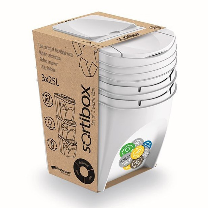 Juego de 3 cubos de reciclaje con capacidad de 75 litros, blanco