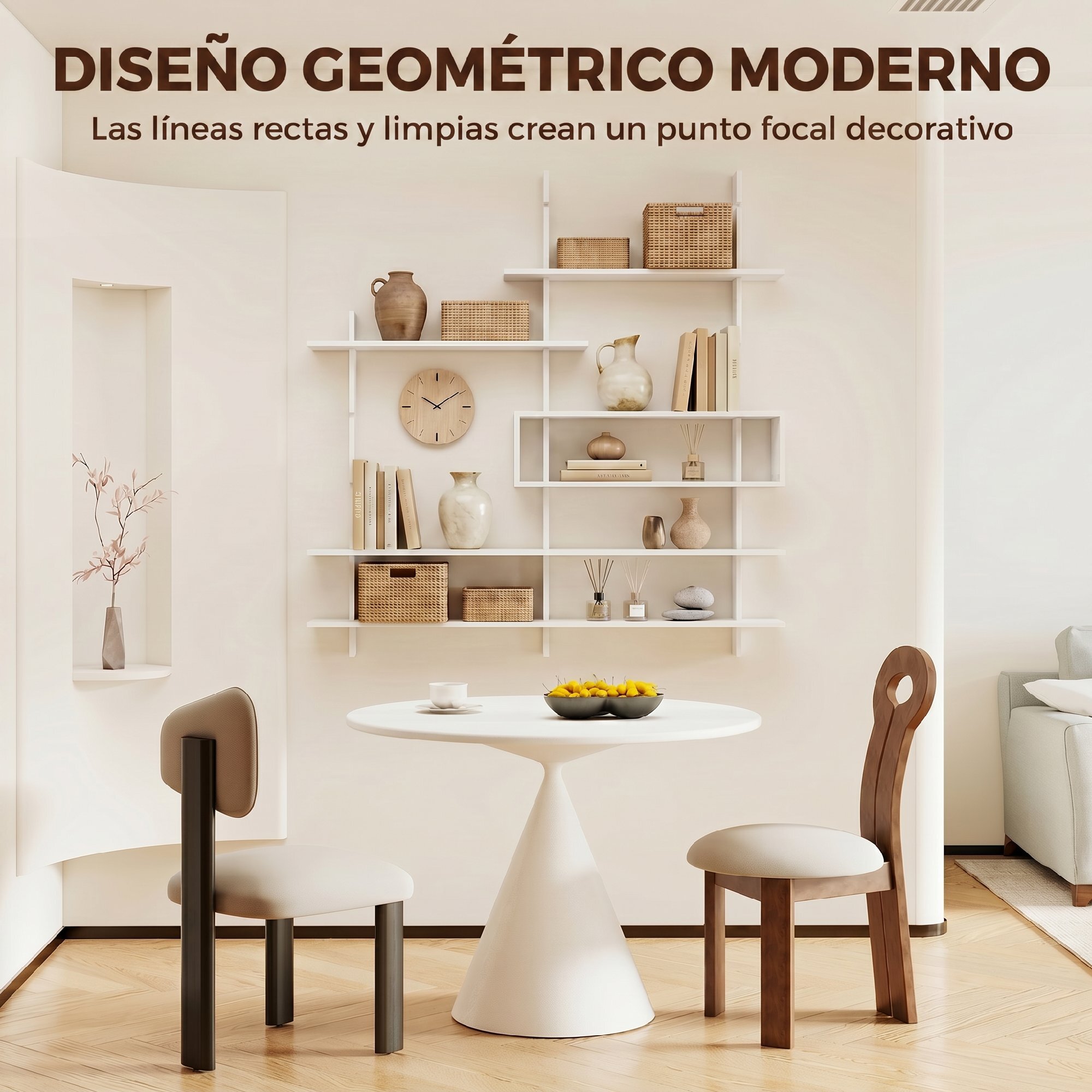 HOMCOM Estantería de Pared, Librería Geométrica con 4 Estantes y Compartimento Central Rectangular, Estantes Decorativos para Salón o Dormitorio, Blanco