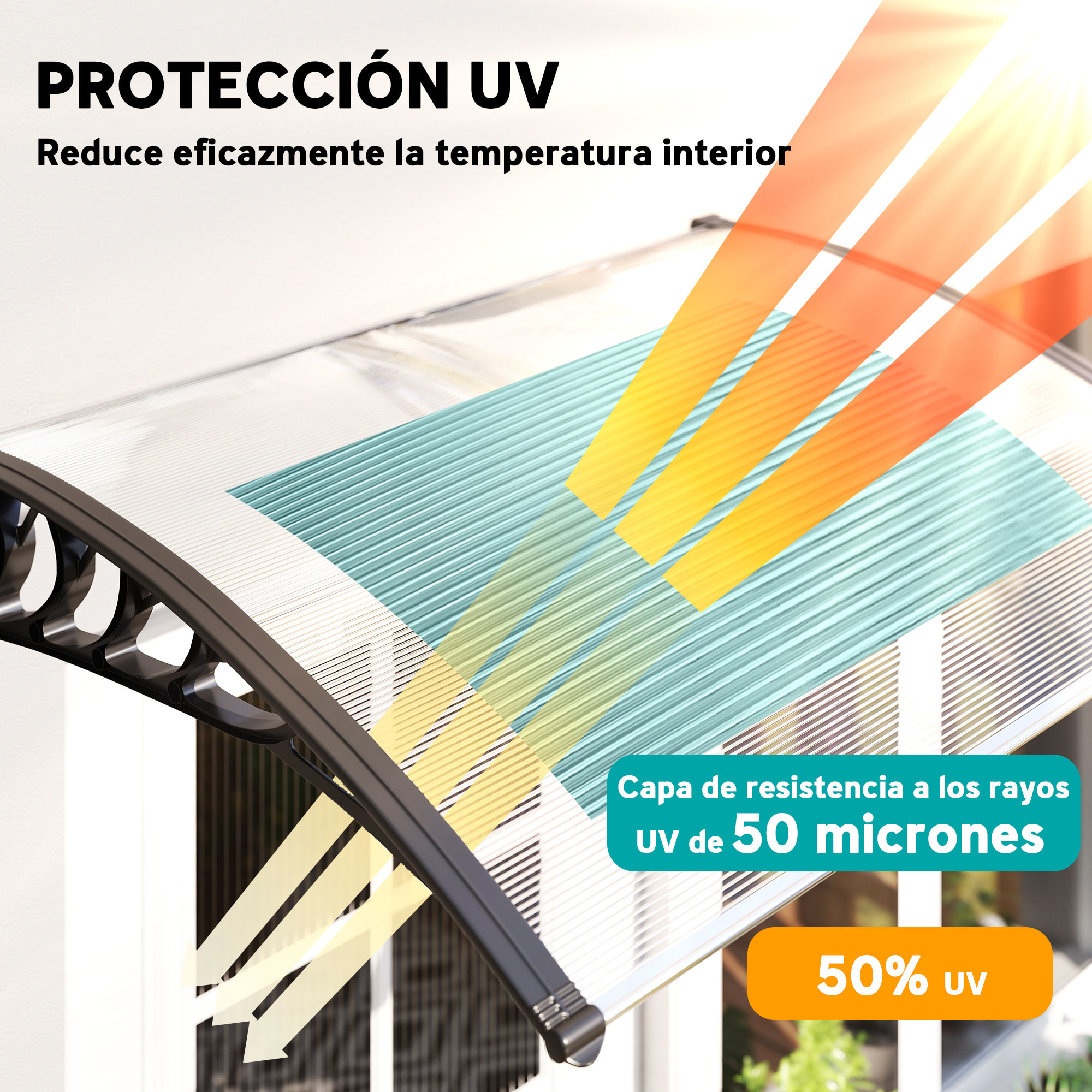 Marquesinas Exterior para Puertas y Ventanas, 122x89 cm, Tejadillo de Protección contra Sol y Lluvia, con Cubierta de Policarbonato, Soporte de Aleación de Aluminio, Blanco