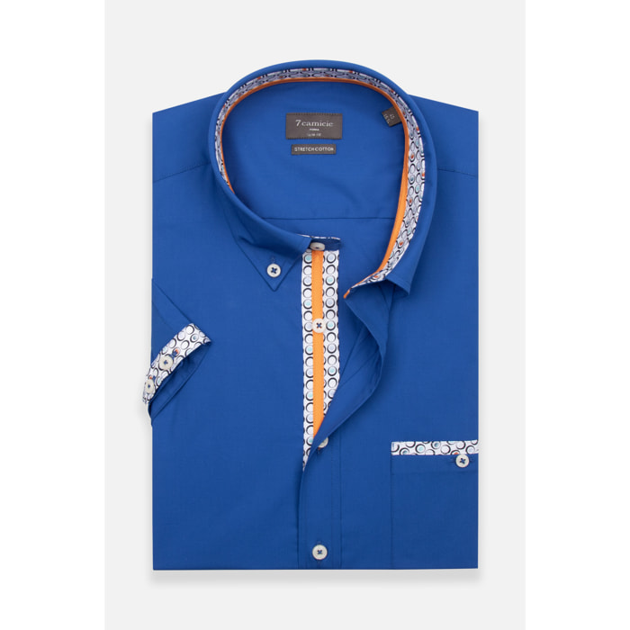 Camicia Uomo 1 Bottone Button Down Manica Corta Slim Popeline Stretch Unito Bluette