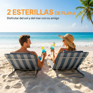 Conjunto de 2 Esterillas de Playa Plegables, Esterillas con Respaldo Reclinable en 5 Niveles, Reposacabezas y Bolsa de Transporte, 134x48x33-43 cm, Rayas Blanco y Azul
