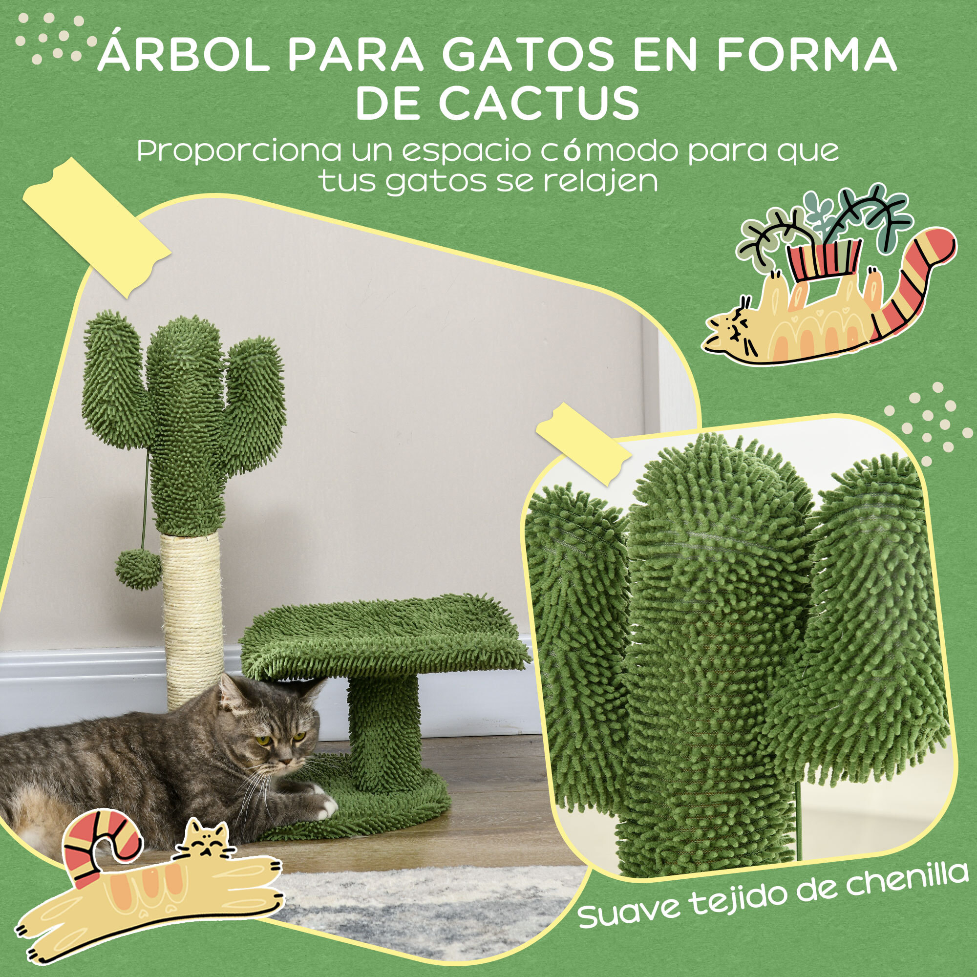 Árbol Rascador de Cactus para Gatos de 55,5 cm Torre para Gatos de Interior con Postes de Sisal Cama y Bola de Juguete 35x31x55,5 cm Verde