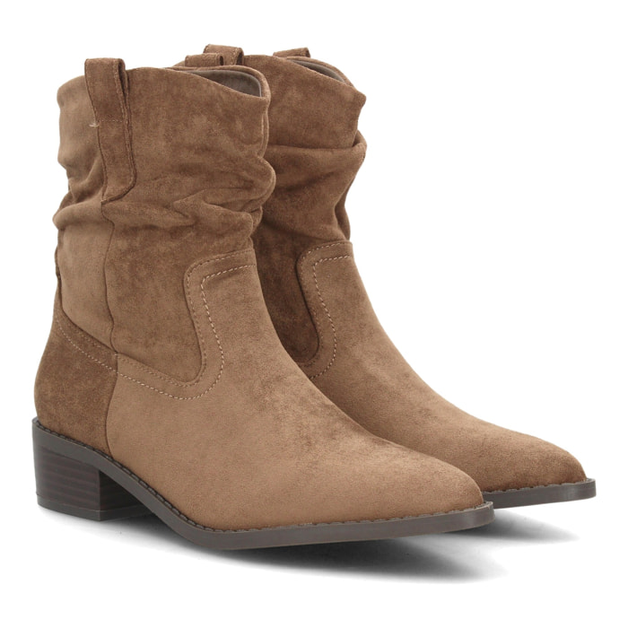 Botines western fruncidos de tacón bajo para mujer