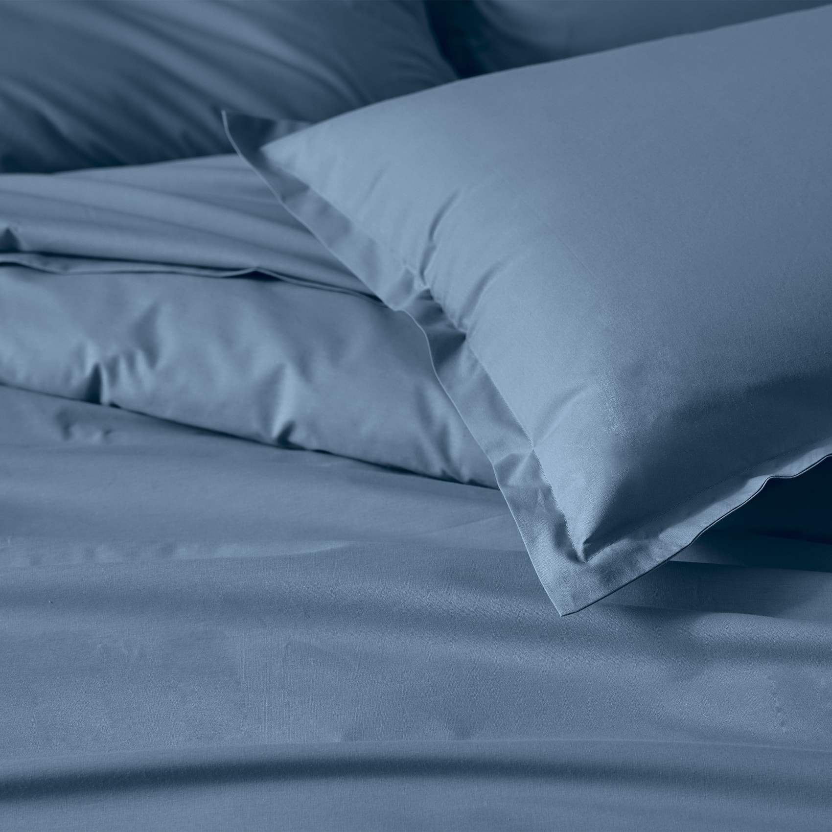 Drap plat piqué uni en percale de coton - Bleu Pétrole