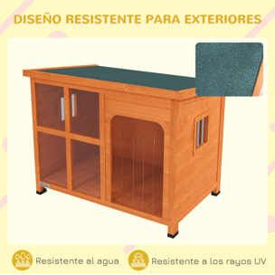 PawHut Caseta para Perros Exterior Casa para Perros Pequeños y Medianos con Techo Asfáltico Abatible Puerta con Cortina Panel Frontal Transparente y Base Extraíble 90x62x71 cm Natural