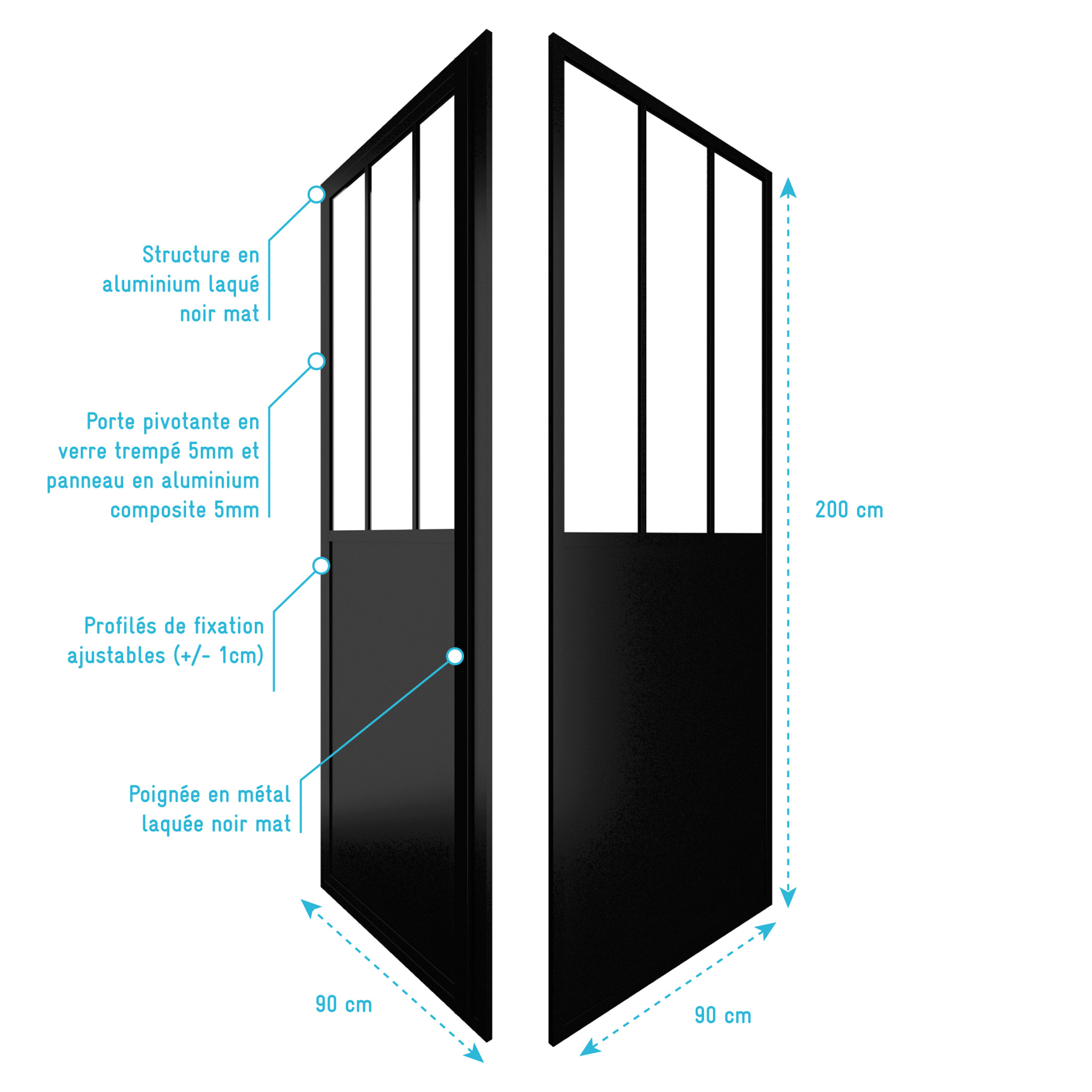 Porte de douche pivotante + paroi retour atelier - 90x200cm PROFILE NOIR MAT - verre 5mm