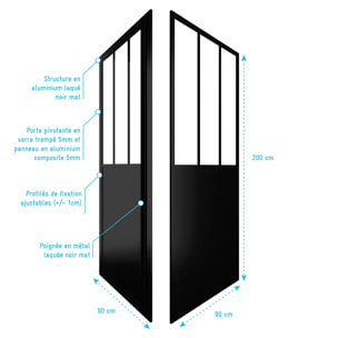 Porte de douche pivotante + paroi retour atelier - 90x200cm PROFILE NOIR MAT - verre 5mm