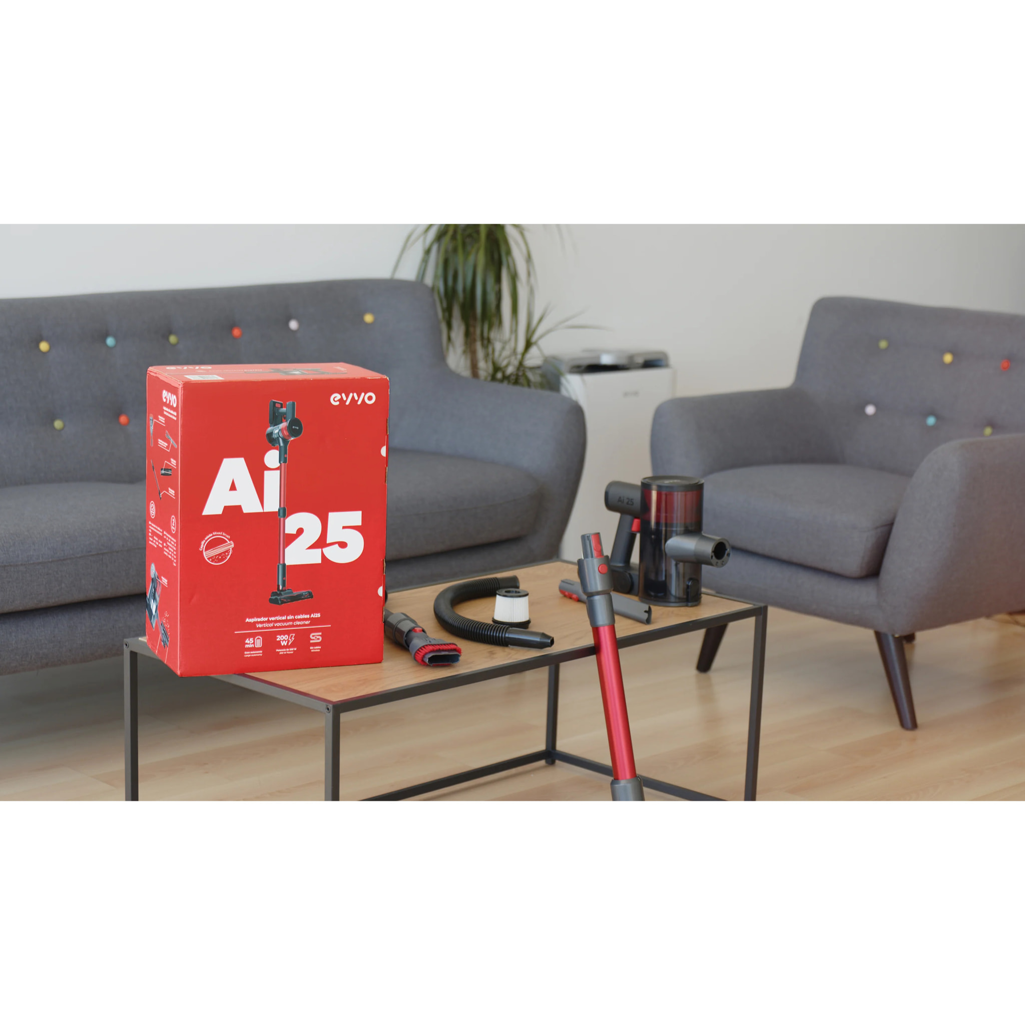 Aspirador sin cable Evvo Ai25, 200W, 45 minutos de autonomía, carga rápida, filtro HEPA