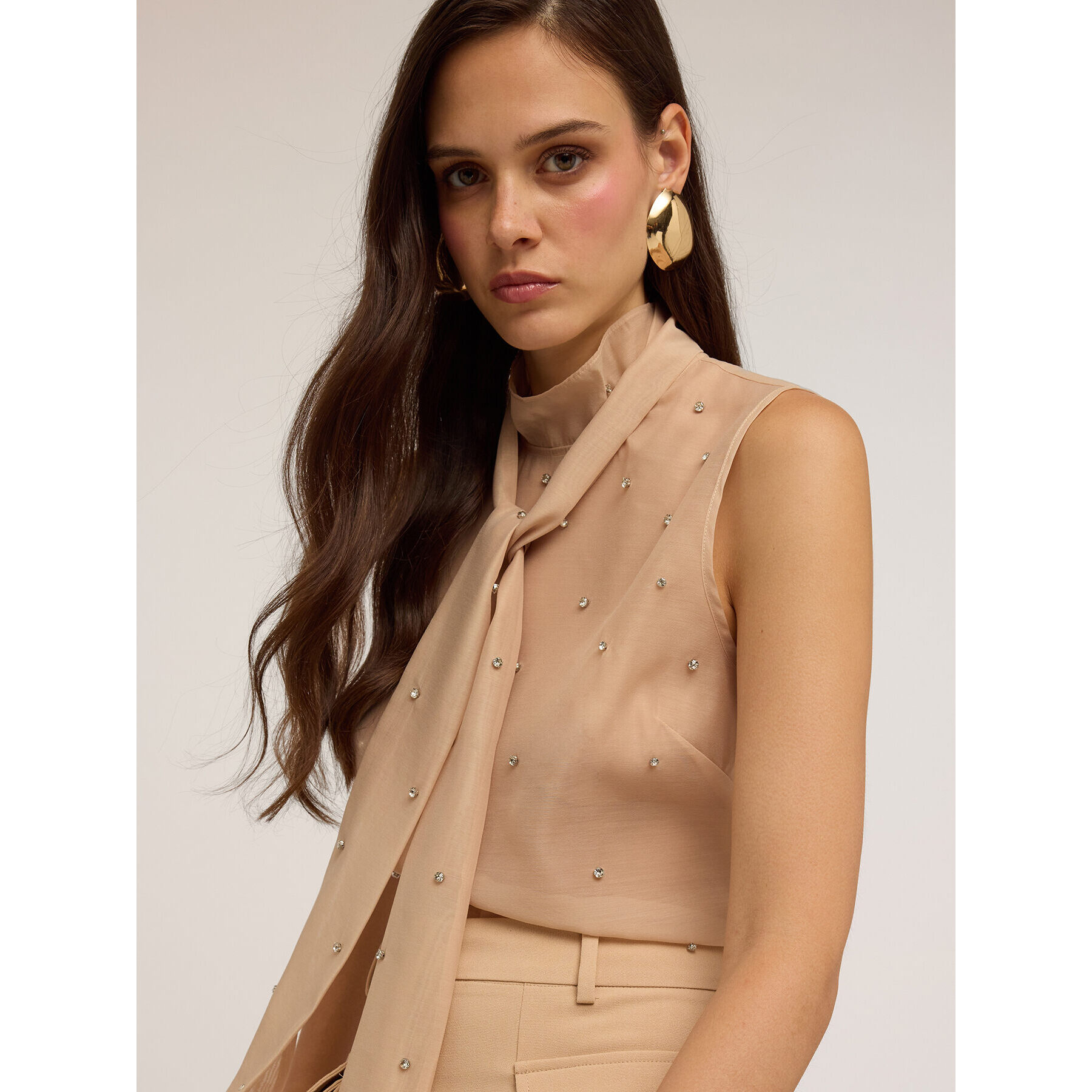 Motivi - Top in organza con ricamo di strass - Beige