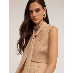 Motivi - Top in organza con ricamo di strass - Beige