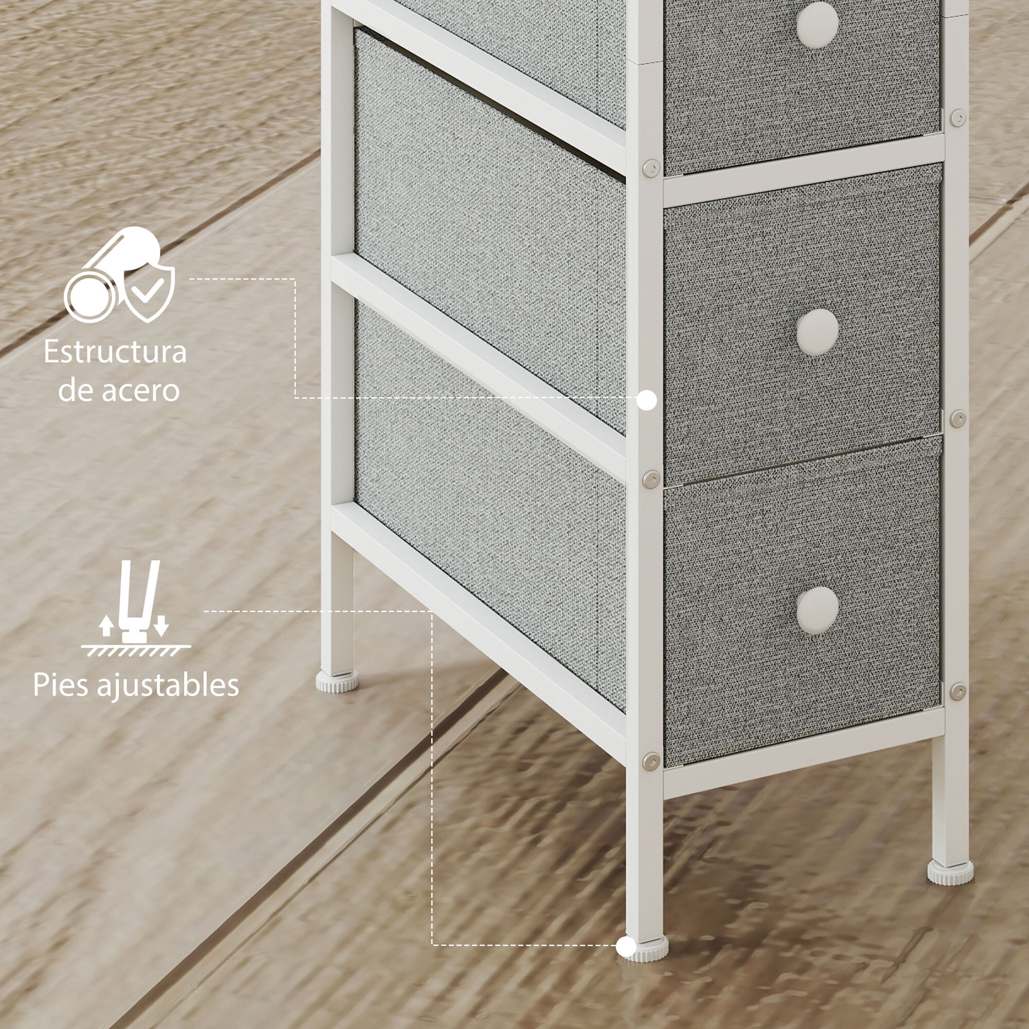 Cómoda con 4 Cajones de Tela, Cómoda para Dormitorio Estrecha con Marco de Acero, Cajonera para Espacios Pequeños, Sala de Estar, Vestidor, Baño, Gris Claro