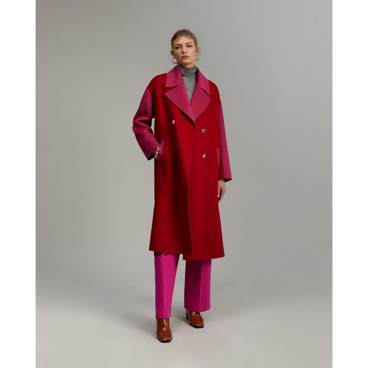 Cappotto lungo bicolore in lana double face fatto a mano