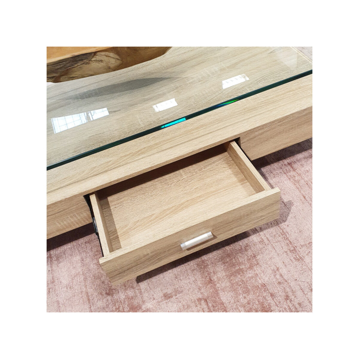 Table basse rectangulaire en verre trempé et caisson avec tiroirs - GLASS