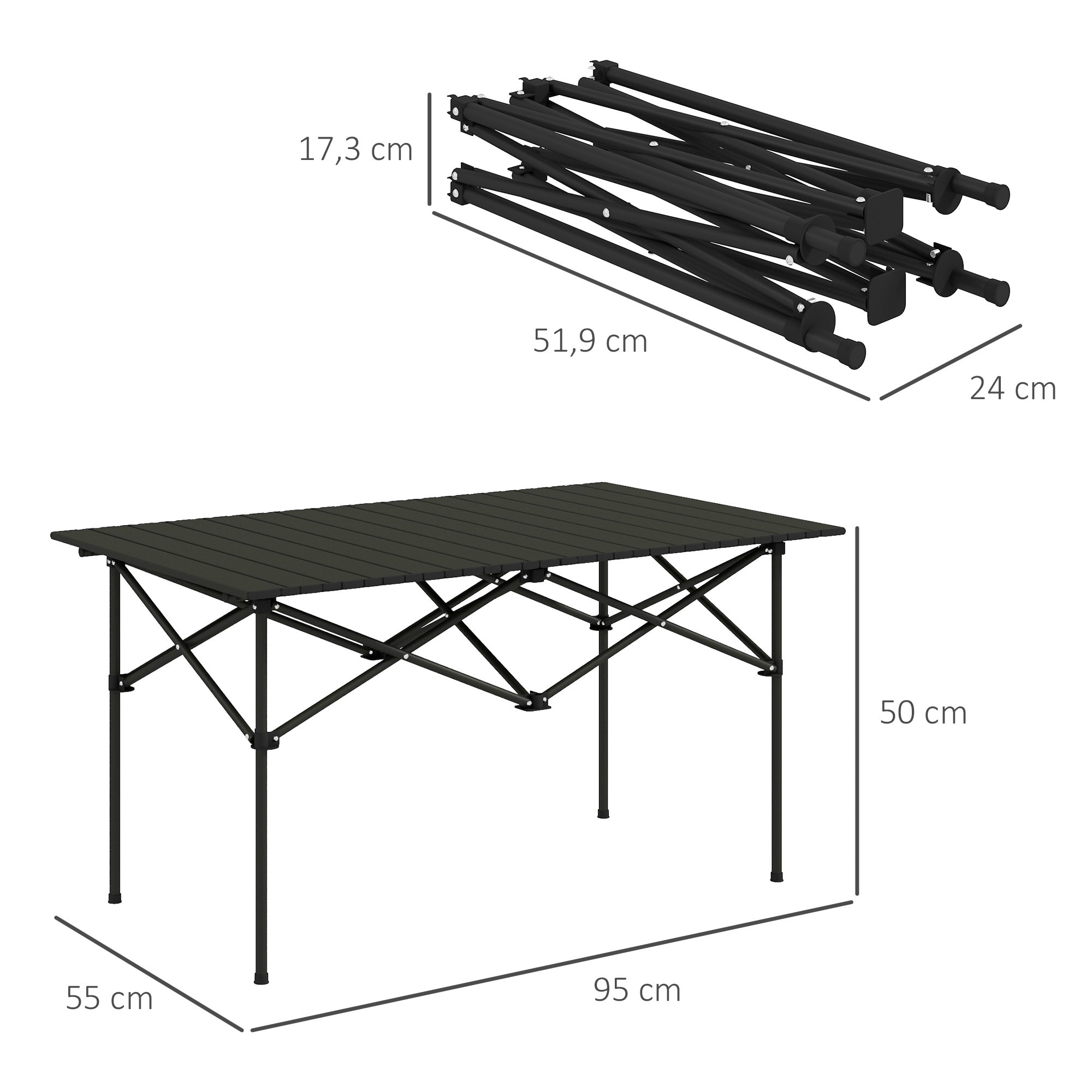 Mesa de Camping Plegable de Metal con Tapa Enrollable y Bolsa de Transporte Mesa de Picnic Portátil para Acampar Senderismo Playa Barbacoa 95x55x50 cm Negro