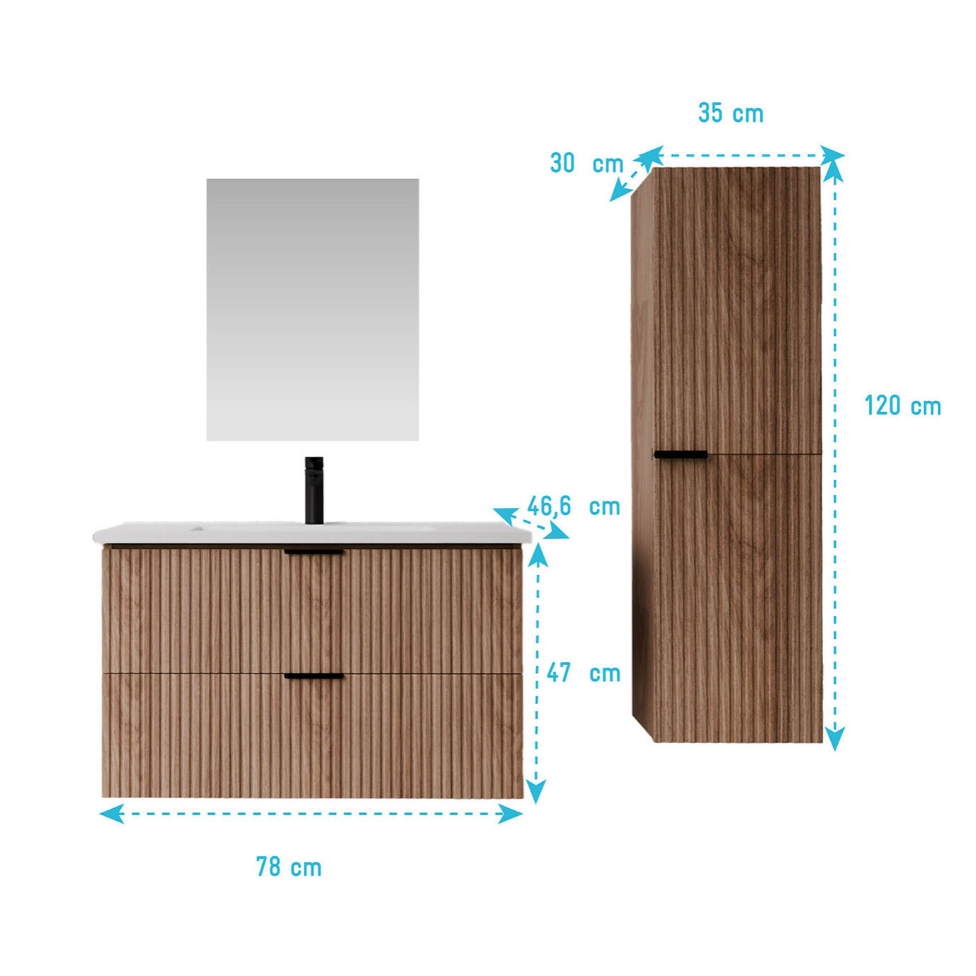 Pack Meuble salle de bain 80cm et Colonne de rangement - Façades Ondulées Décor Bois - MILO