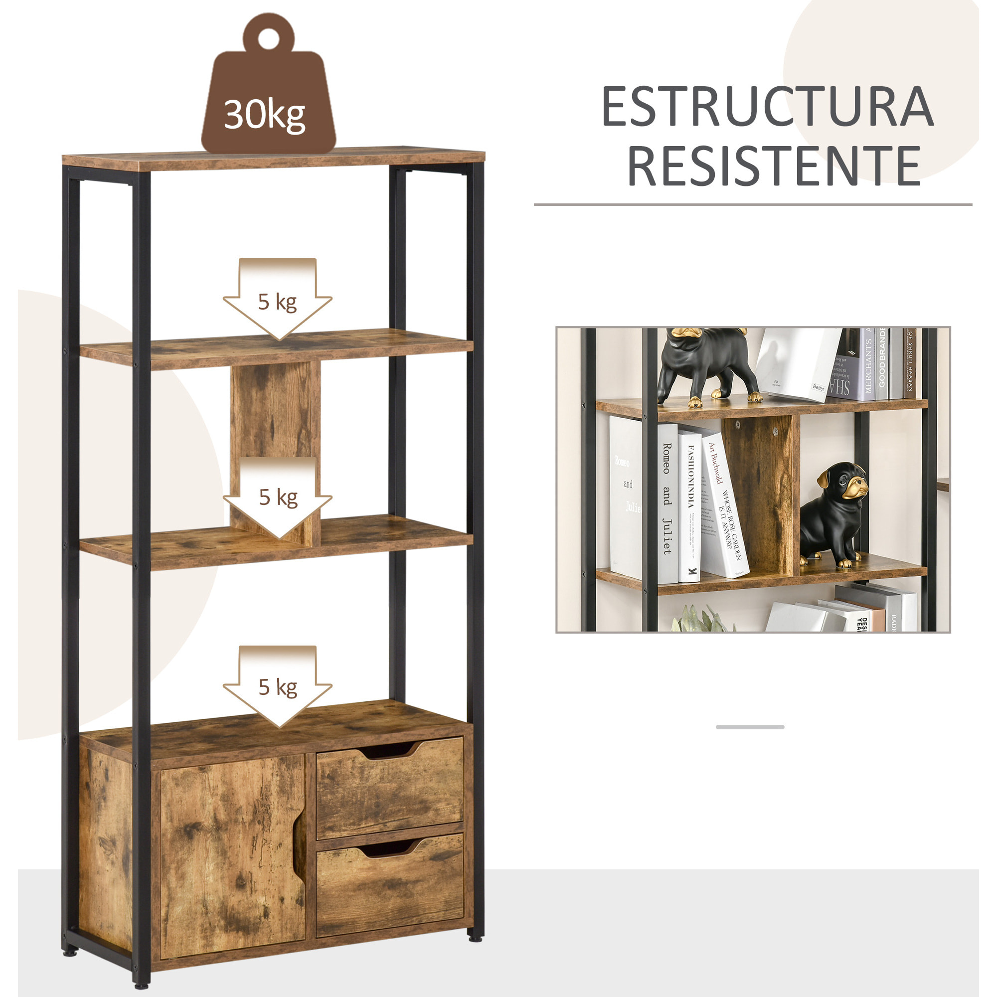 HOMCOM Estantería Librería para Libros con Armario y 2 Cajones de Almacenaje Estantería de Estilo Industrial para Oficina Sala de Estar 58x24x122 cm Marrón Rústico