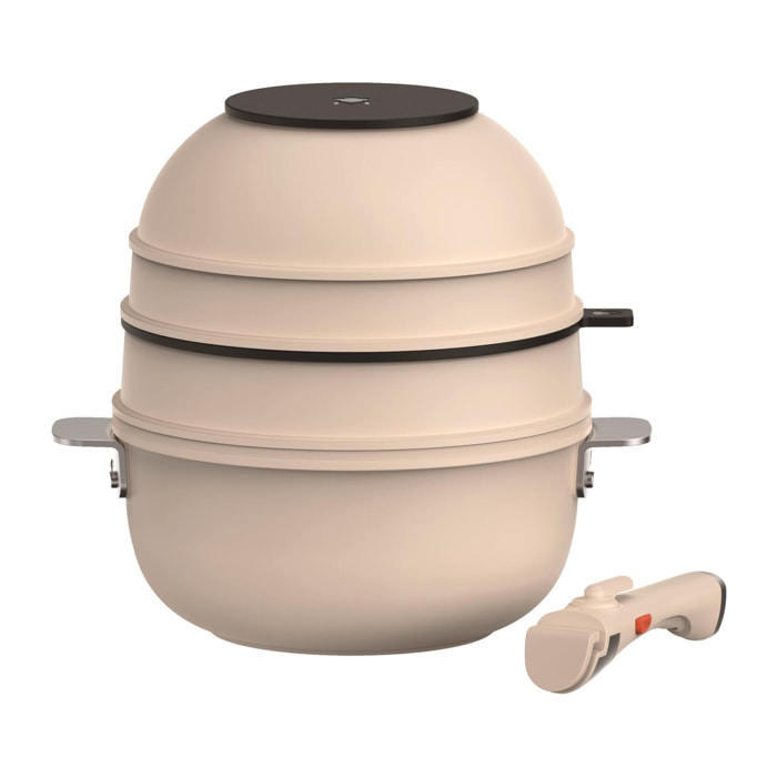 MasterPRO Share & Play Batería de cocina apilable de 10Pcs, Color Beige, Mango extraíble, Aluminio fundido, Revestimiento cerámico, Control térmico