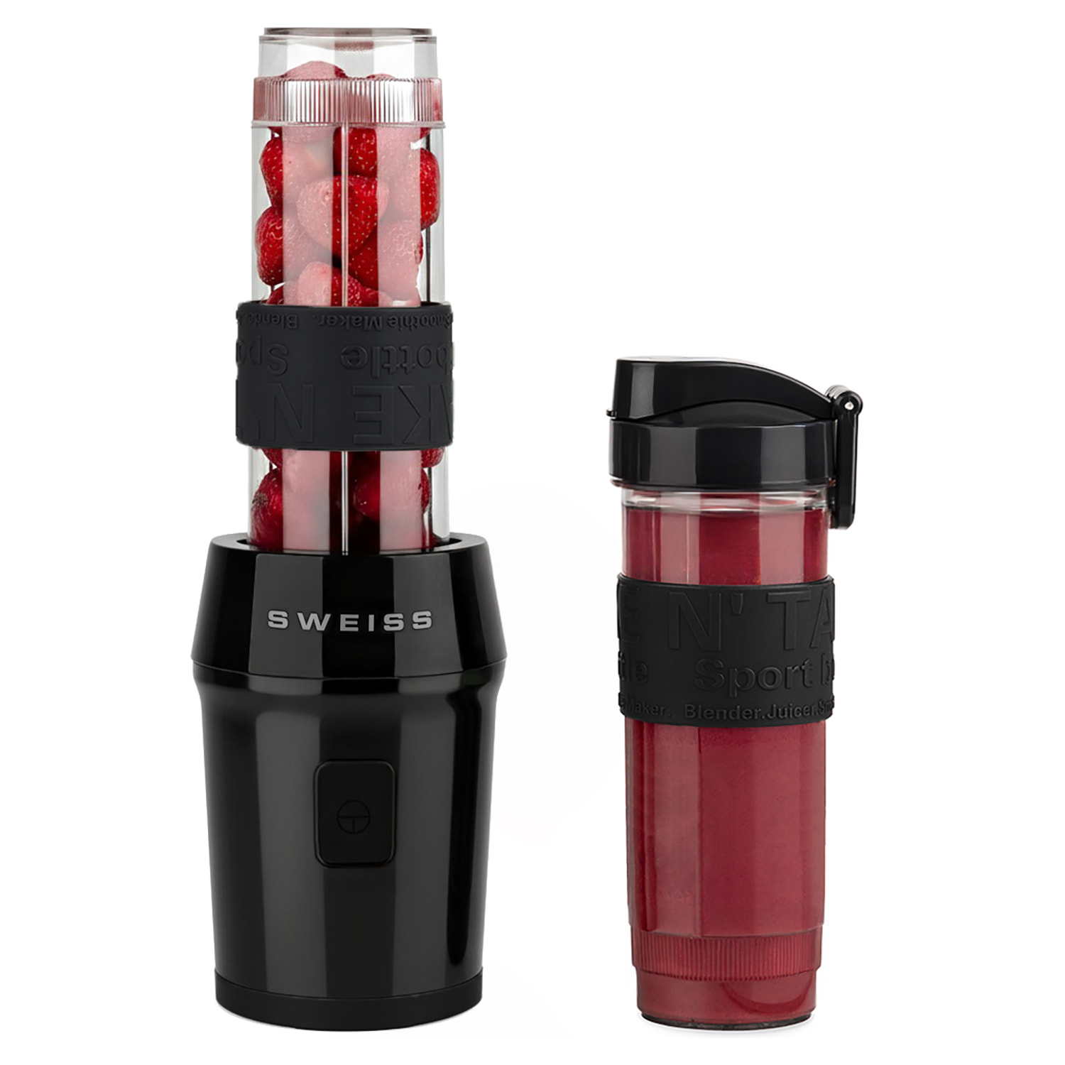 SWEISS Mini Batidora Portátil MOOV9, 2 Botellas de 570 ml con Tapas de Viaje, 4 Cuchillas de Acero Inoxidable, 300W, Negro