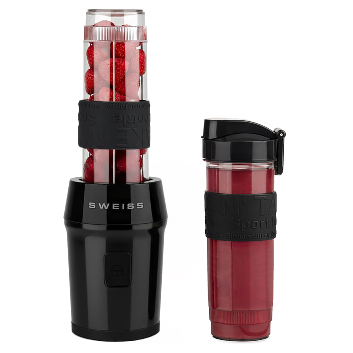 SWEISS Mini Batidora Portátil MOOV9, 2 Botellas de 570 ml con Tapas de Viaje, 4 Cuchillas de Acero Inoxidable, 300W, Negro