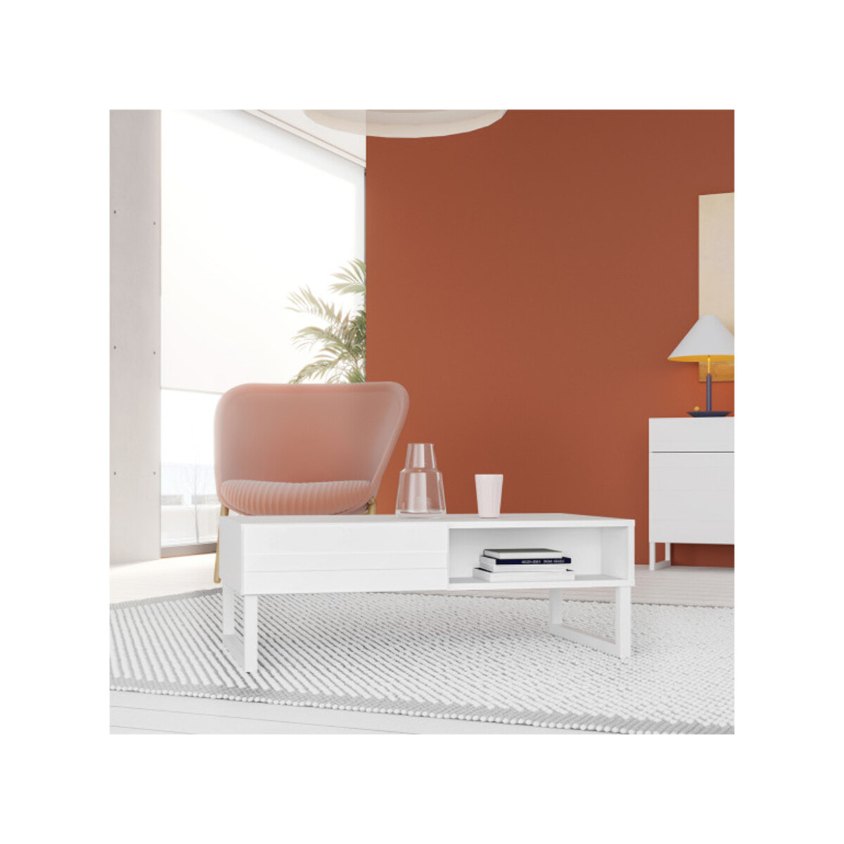 Table basse L110 cm 2 tiroirs texturés blanc mat pieds luge - BRITANIA