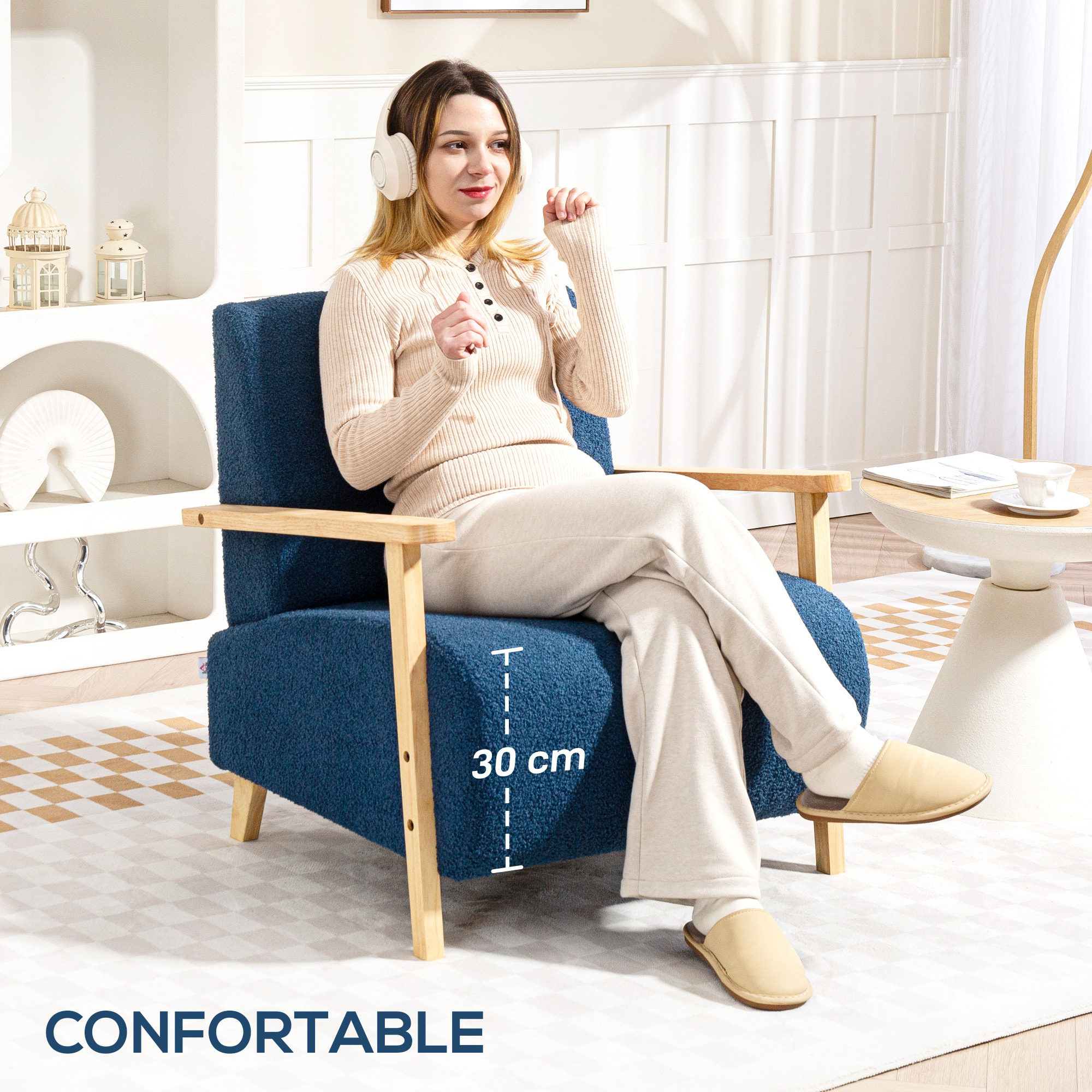 Sofá de 1 Plaza Tapizado en Borreguito Sofá de Salón de 74,5 cm con Acolchado Grueso Reposabrazos y Patas de Madera para Dormitorio Sala de Estar Azul Oscuro