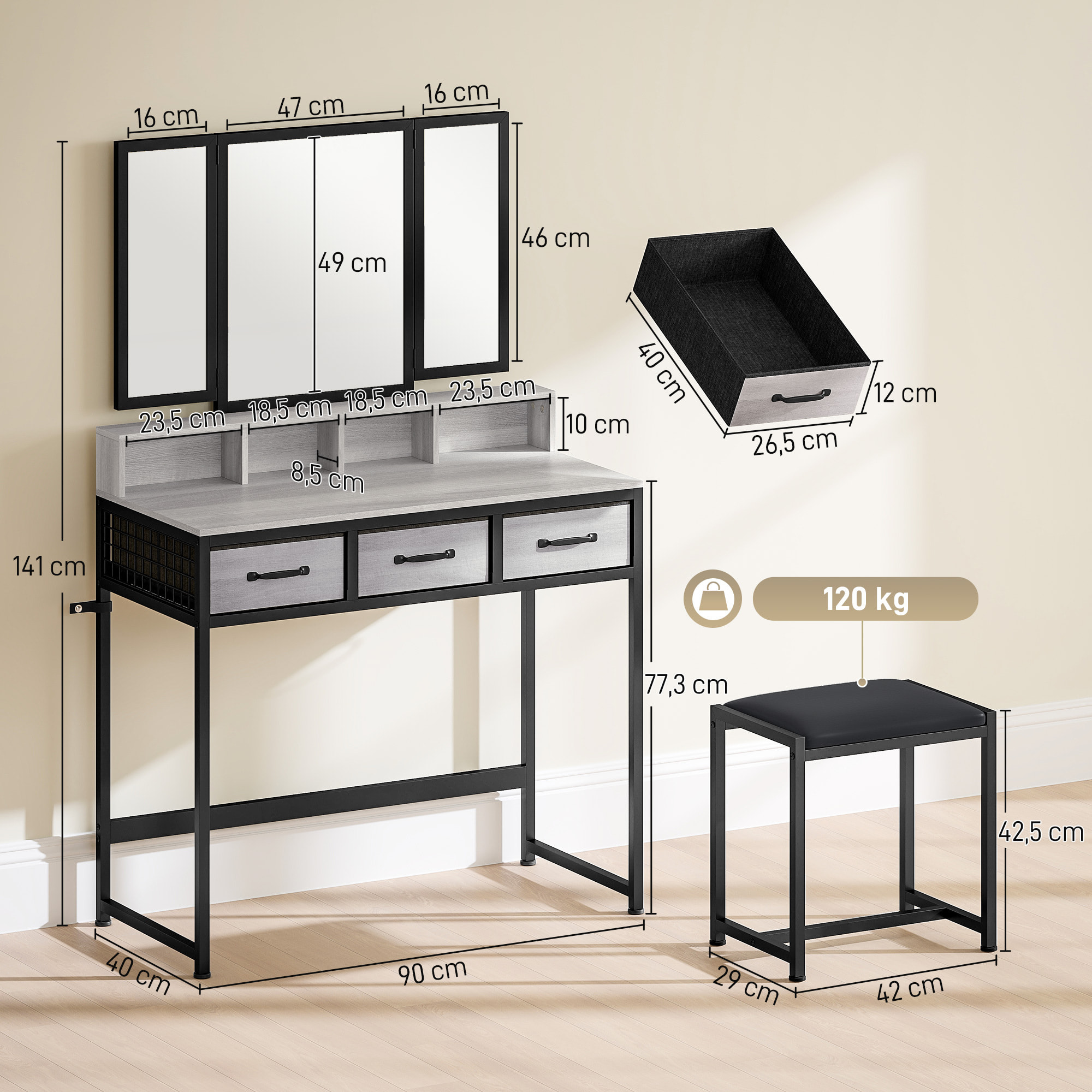 Tocador de Maquillaje con Espejo Tríptico Desmontable, Tocador con Taburete, 3 Cajones de Tela, Estantes, Soporte para Secador de Pelo, Cesta Metálica, para Dormitorio, Vestidor, Gris