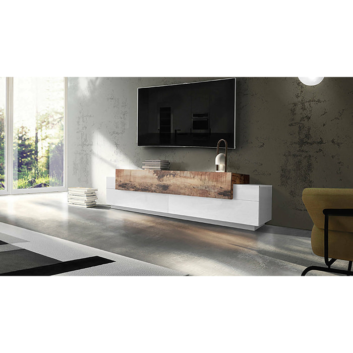 Mobile porta TV Arold, Credenza bassa da soggiorno, Base porta televisione, 100% Made in Italy, cm 200x45h52, Bianco lucido e Acero