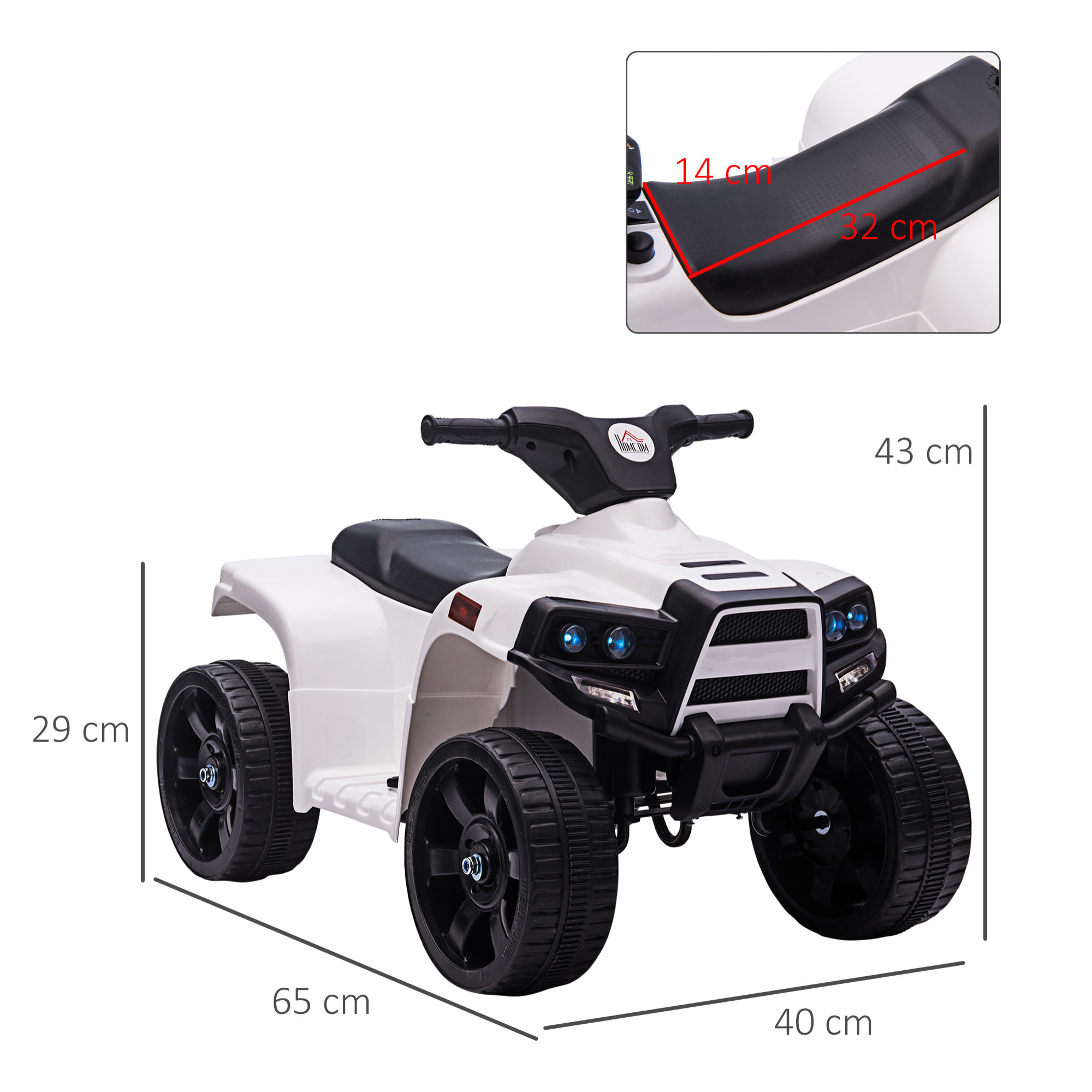 Quad Eléctrico para Niños 18-36 Meses Cuatrimoto Infantil a Batería 6V con Faros Bocina Velocidad 0-3 km/h Avance y Retroceso 65x40x43 cm Blanco