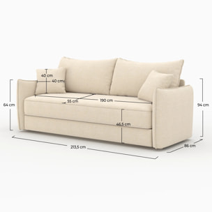 Canapé convertible 3 places en tissu effet lin blanc cassé - Céleste