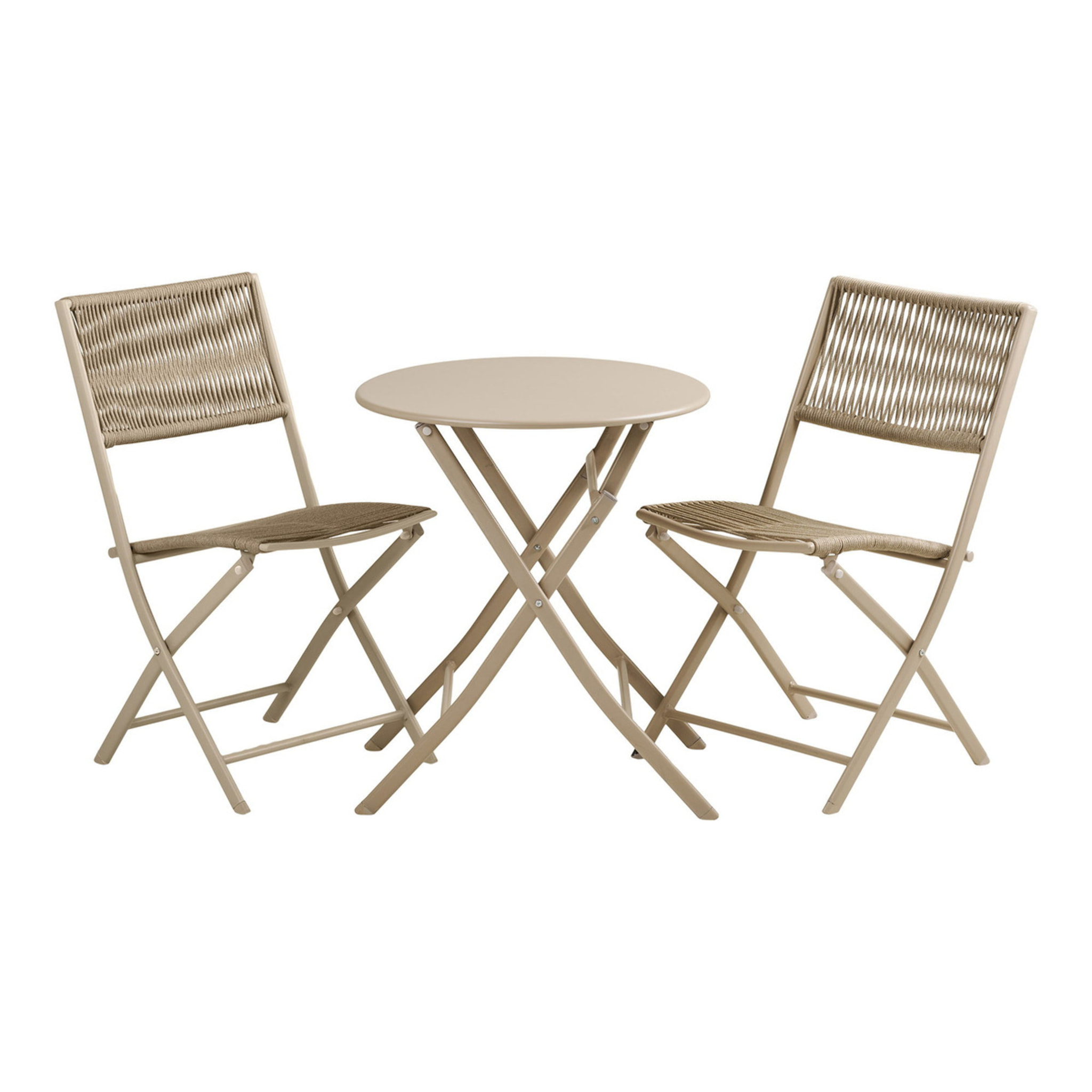 Set bistro Arcas 3 pezzi in corda e acciaio taupe — 2 sedie e 1 tavolo