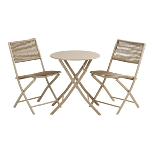 Set bistro Arcas 3 pezzi in corda e acciaio taupe — 2 sedie e 1 tavolo