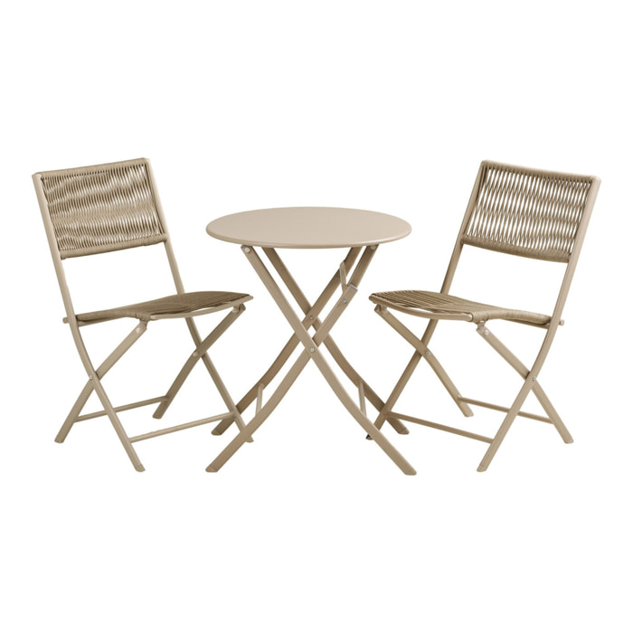 Set bistro Arcas 3 pezzi in corda e acciaio taupe — 2 sedie e 1 tavolo