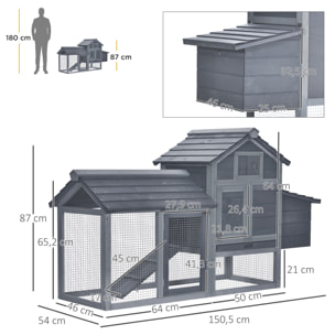 Petit poulailler cottage cage à poules sur pied dim. 151L x 54l x 87H cm multi-équipement bois massif de pin gris