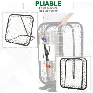 Filet de rebond de football pliable - inclinaison réglable 5 positions - dim. 84L x 78l x 78H cm - piquets d'ancrage inclus filet PE blanc métal époxy noir