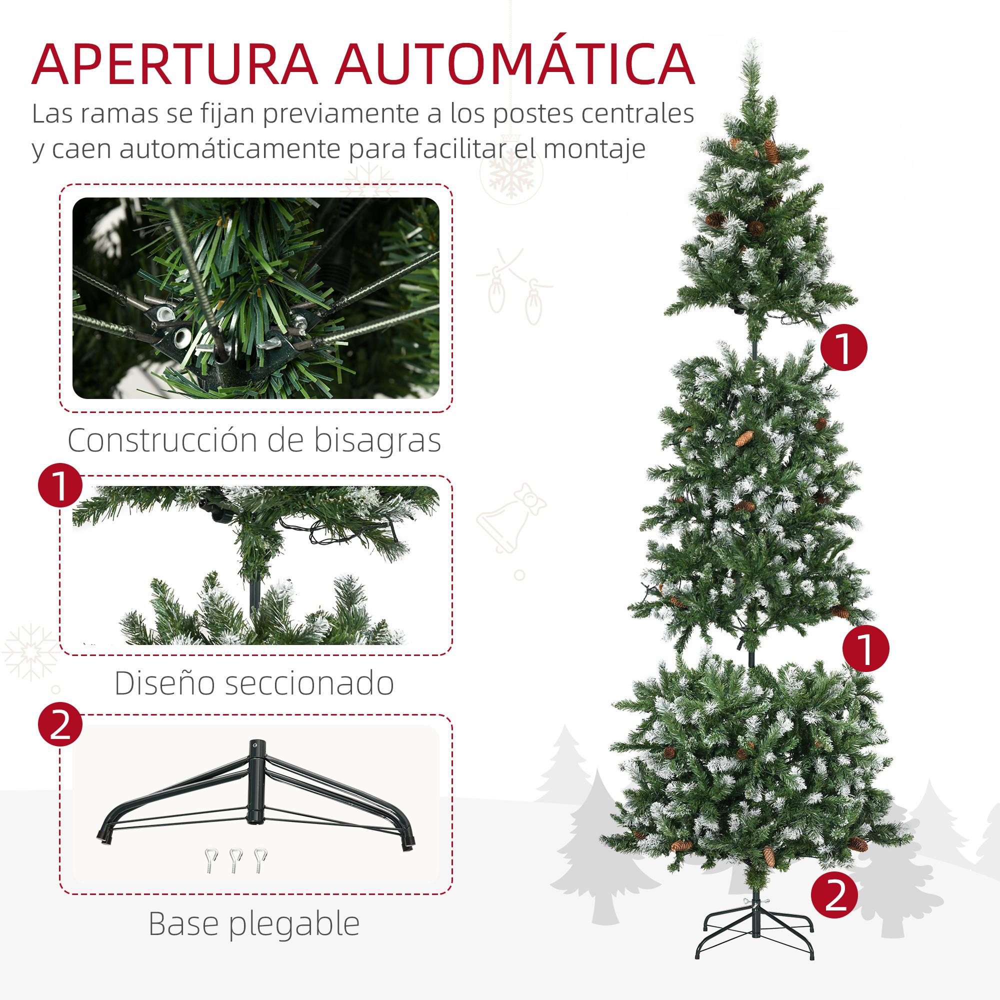 Árbol de Navidad Artificial con Luces LED Altura 230 cm Árbol de Navidad Estrecho con 1051 Ramas 45 Piñas y Polvo Brillante Base Plegable Ø100x230 cm Verde