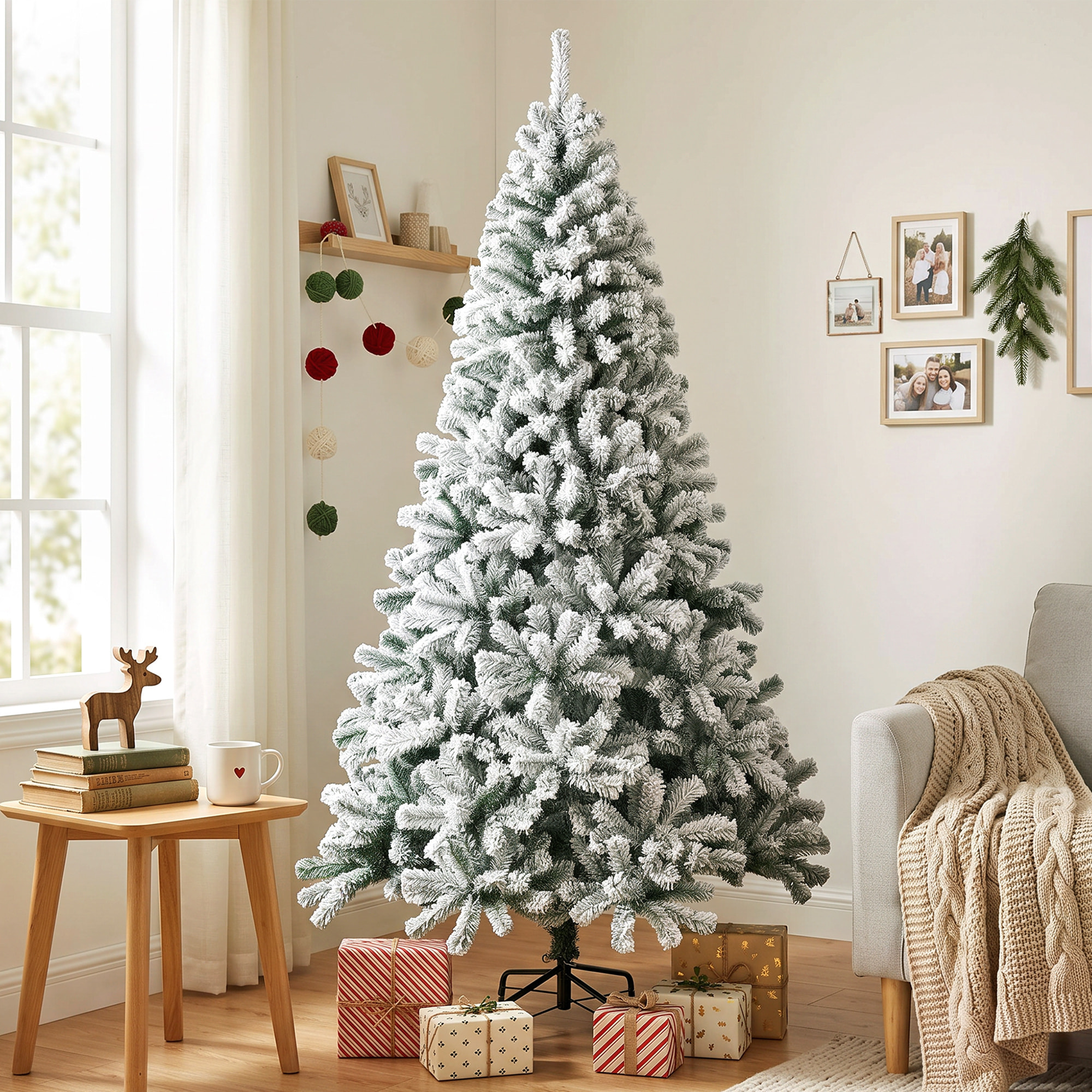 Árbol de Navidad Nevado de 180 cm, Árbol de Navidad de Abeto con Ramas Articuladas, 650 Puntas de PVC Ignífugo, Montaje Rápido, Soporte de Acero Plegable, Verde y Blanco