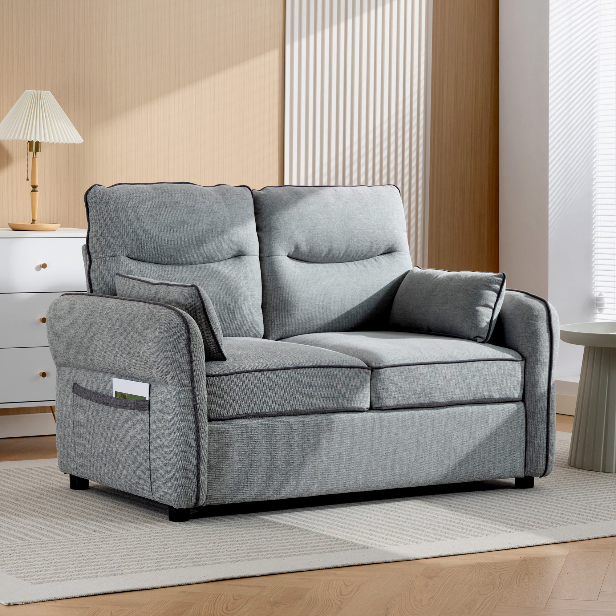 Canapé 2 places moderne haut dossier grand confort 2 coussins poche rangement velours gris