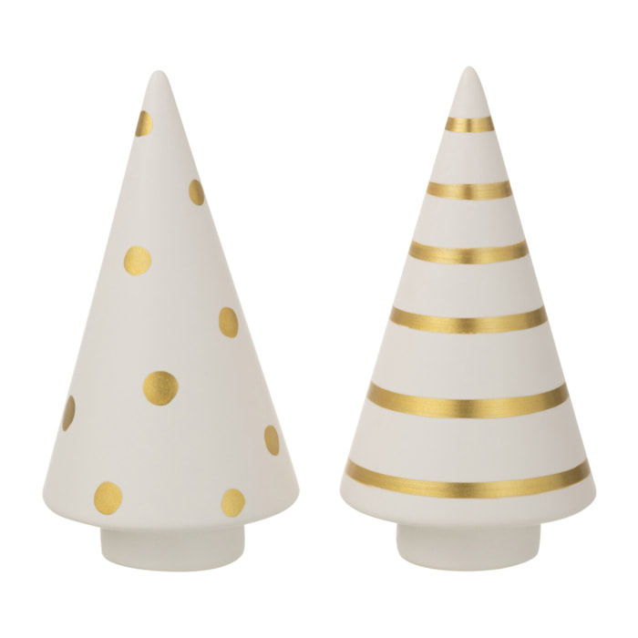J-Line décoration de Noël Arbre Pois/Lignes - céramique - or/blanc - medium - 2 pcs