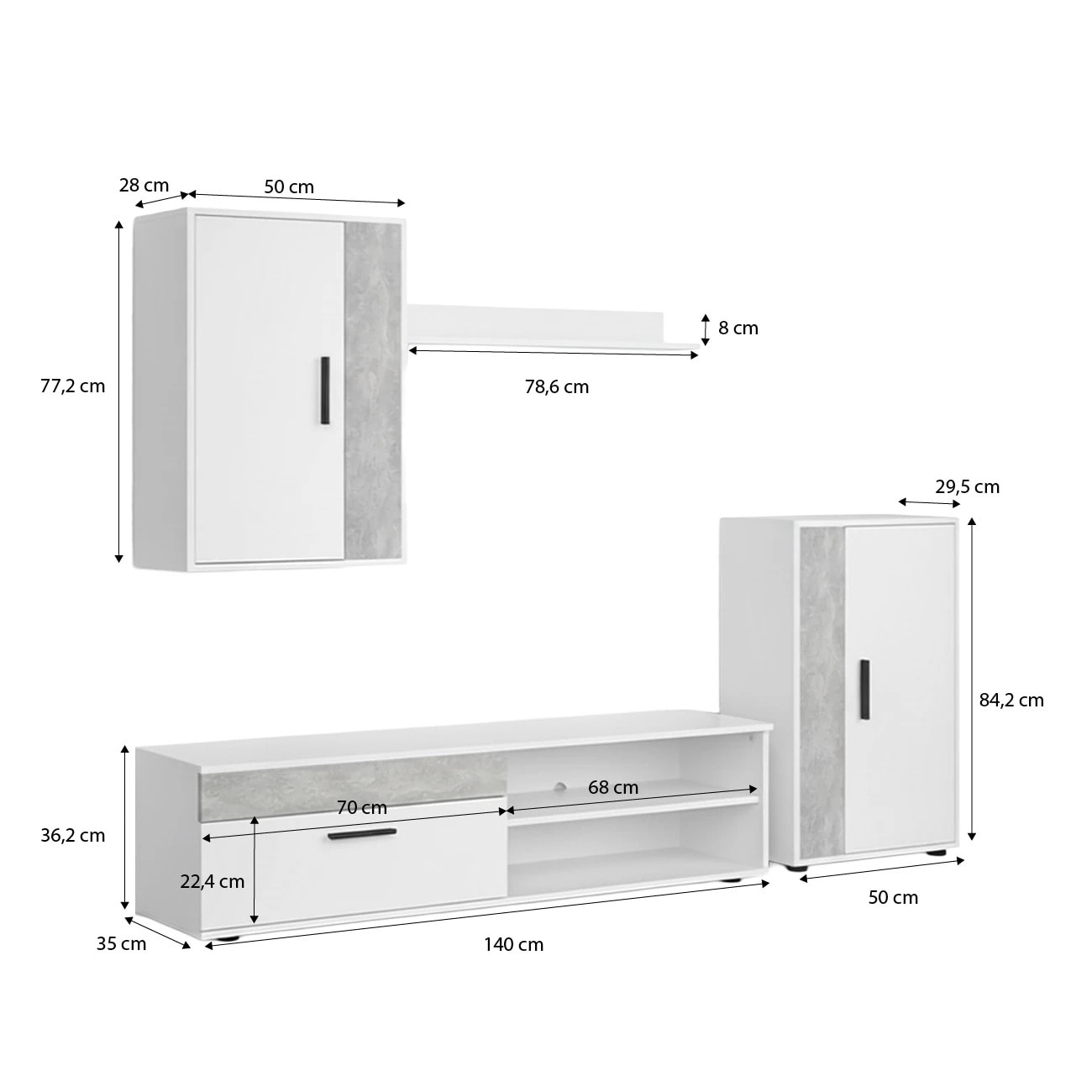 Salón modular con mueble TV en blanco artik y microcemento 190 cm Lunet Blanco Artik (Blanco Mate) - Microcemento