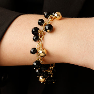 Bracciale Catena Rolo Martellata in Argento 925 placcato Oro Giallo 18kt con Ciondoli in Onice Nero Sfaccettato