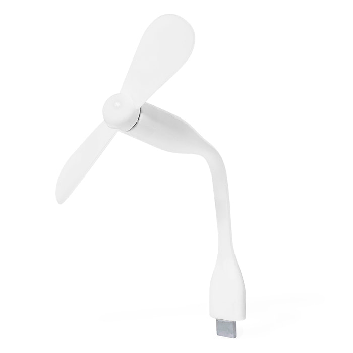 Ventilador flexible compatible con USB-C, con cuello orientable para dirigir el flujo de aire. Compacto, ligero y sin necesidad de baterías, ideal para smartphones, portátiles y baterías externas.