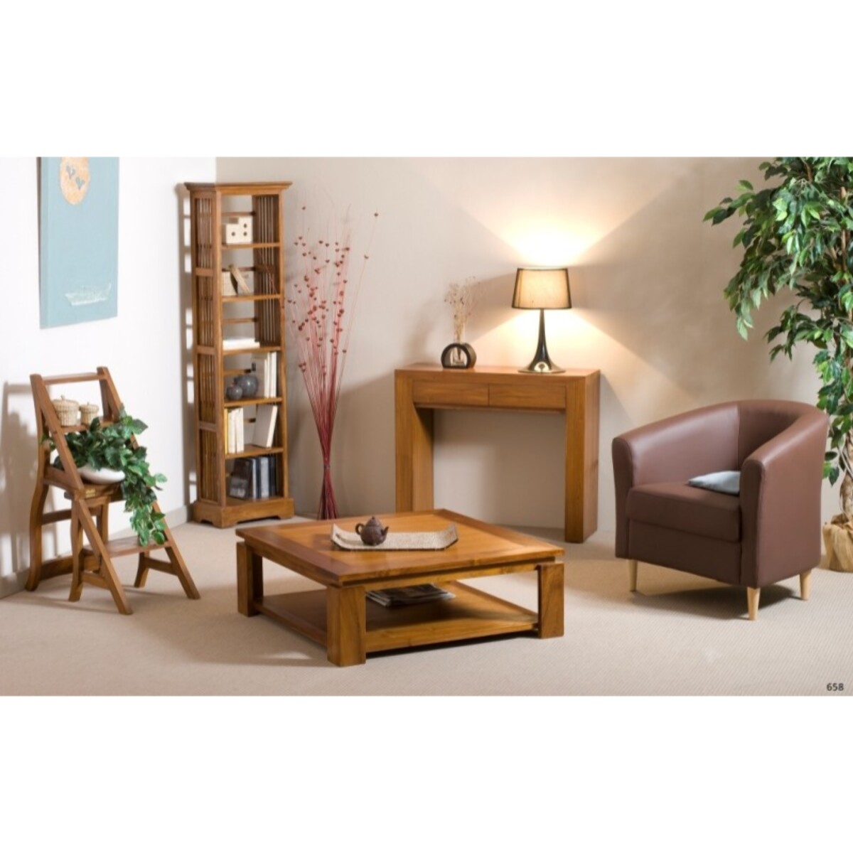 API - Table basse carrée marron sous plateau 90x90cm bois Teck