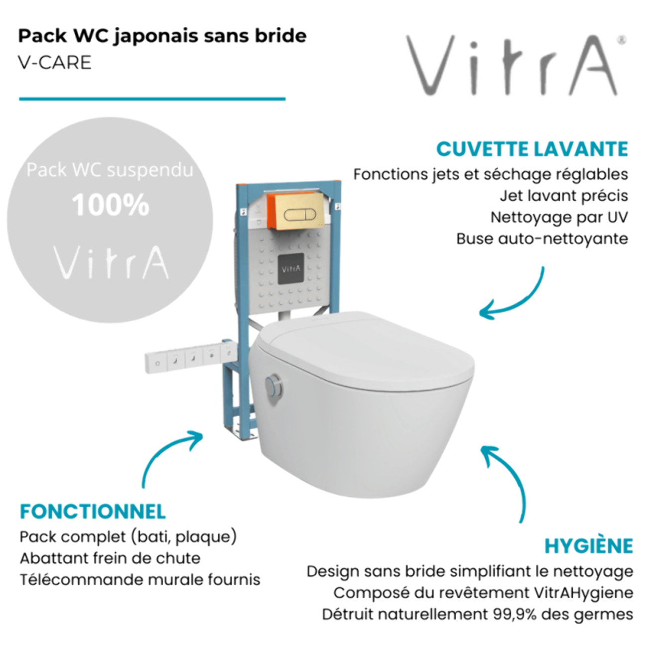Pack WC lavant suspendu sans bride avec abattant et attentes électriques V-Care Ultra blanc + bâti autoportant V-Fix Easy + plaque or brossé