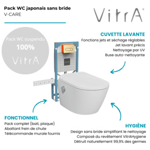 Pack WC lavant suspendu sans bride avec abattant et attentes électriques V-Care Ultra blanc + bâti autoportant V-Fix Easy + plaque or brossé